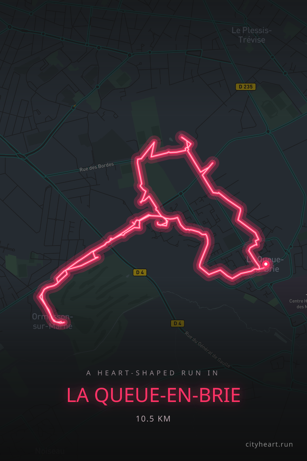 Heart-shaped running route in La Queue-en-Brie, 10.5 km — GPS art for Strava