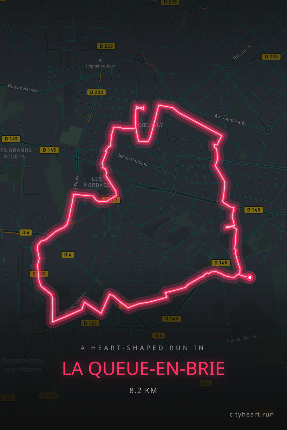 Heart-shaped running route in La Queue-en-Brie, 9.6 km — GPS art for Strava