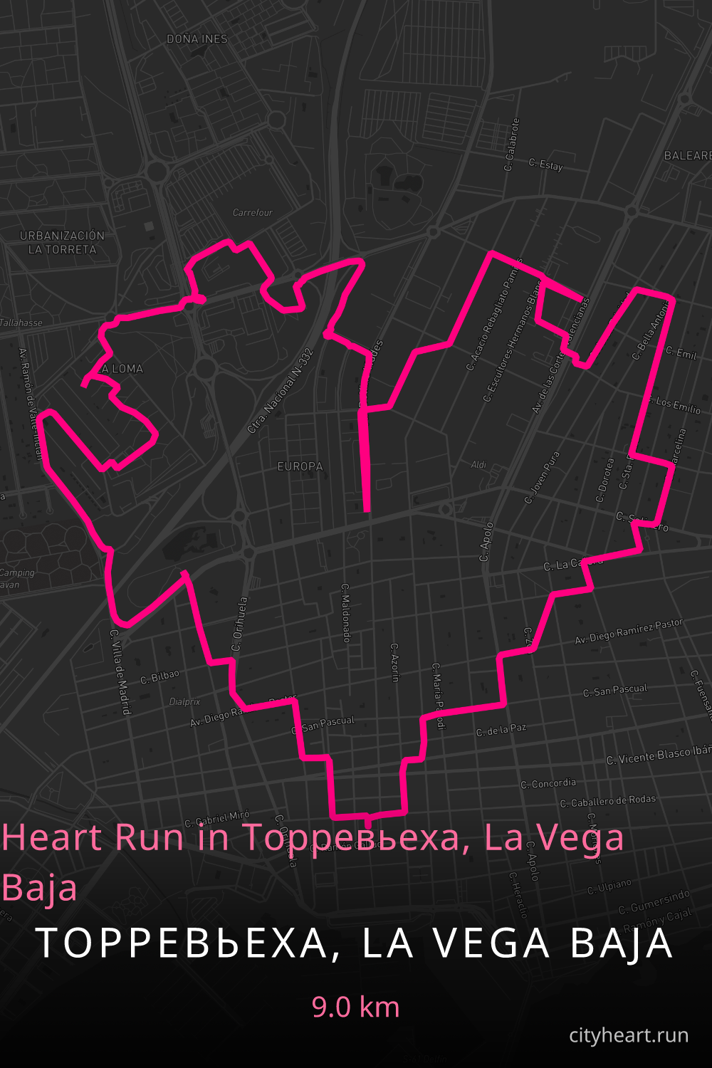 Heart-shaped running route in Торревьеха, La Vega Baja, 10.0 km — GPS art for Strava