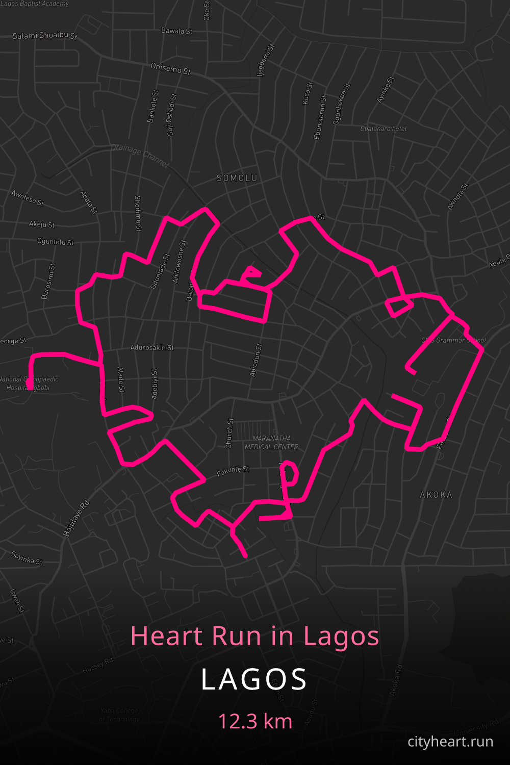 Heart-shaped running route in Lagos, 12.3 km — GPS art for Strava