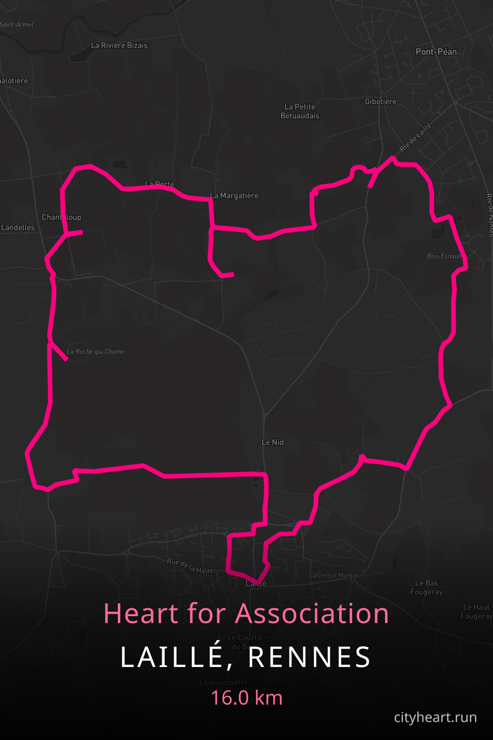 Heart-shaped running route in Laillé, Rennes, 16.0 km — GPS art for Strava