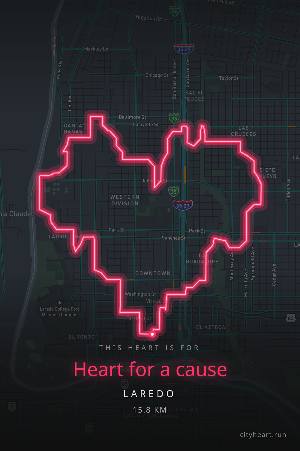 Heart-shaped running route in Laredo, 16.1 km — GPS art for Strava