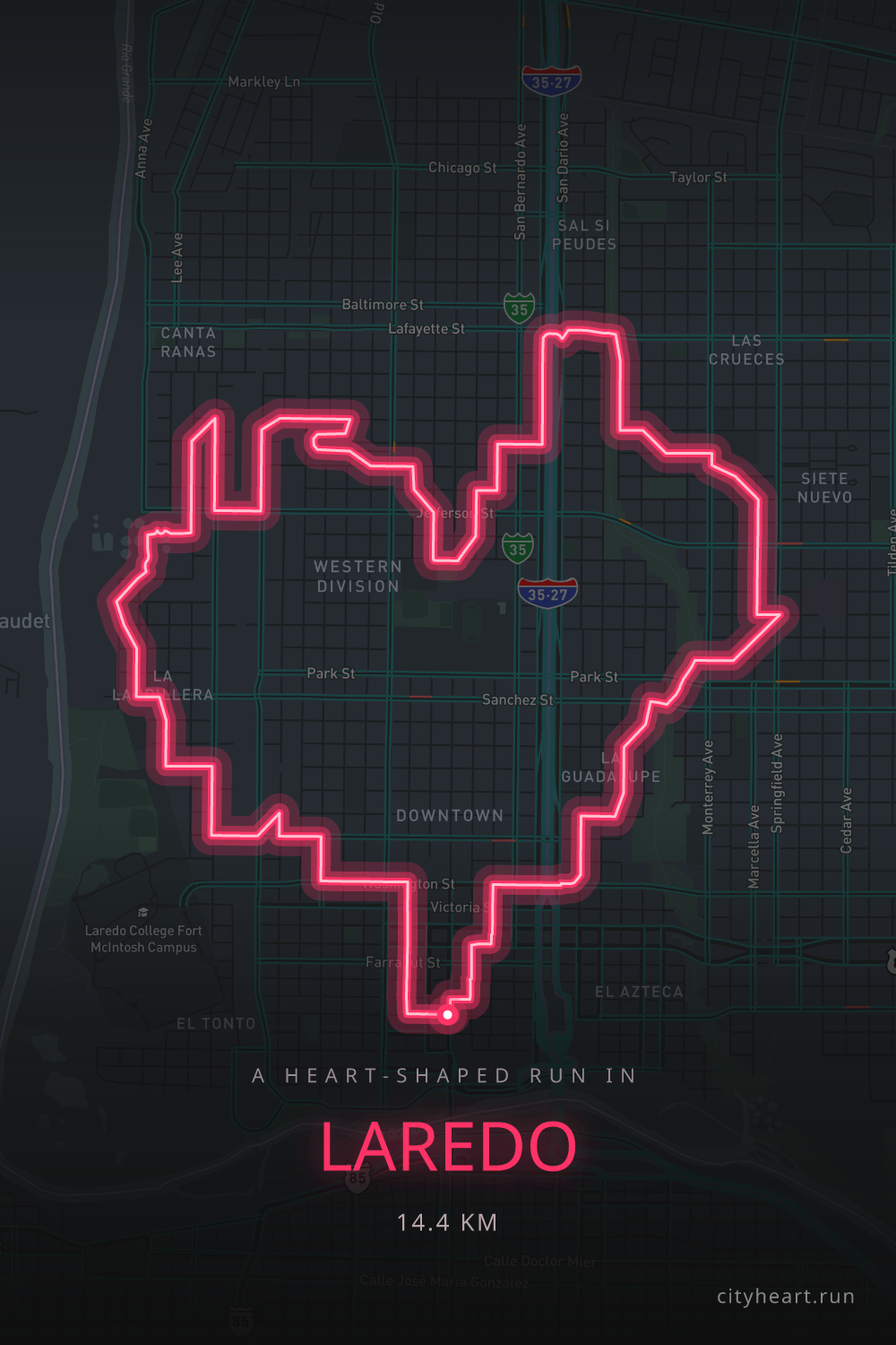 Heart-shaped running route in Laredo, 16.5 km — GPS art for Strava