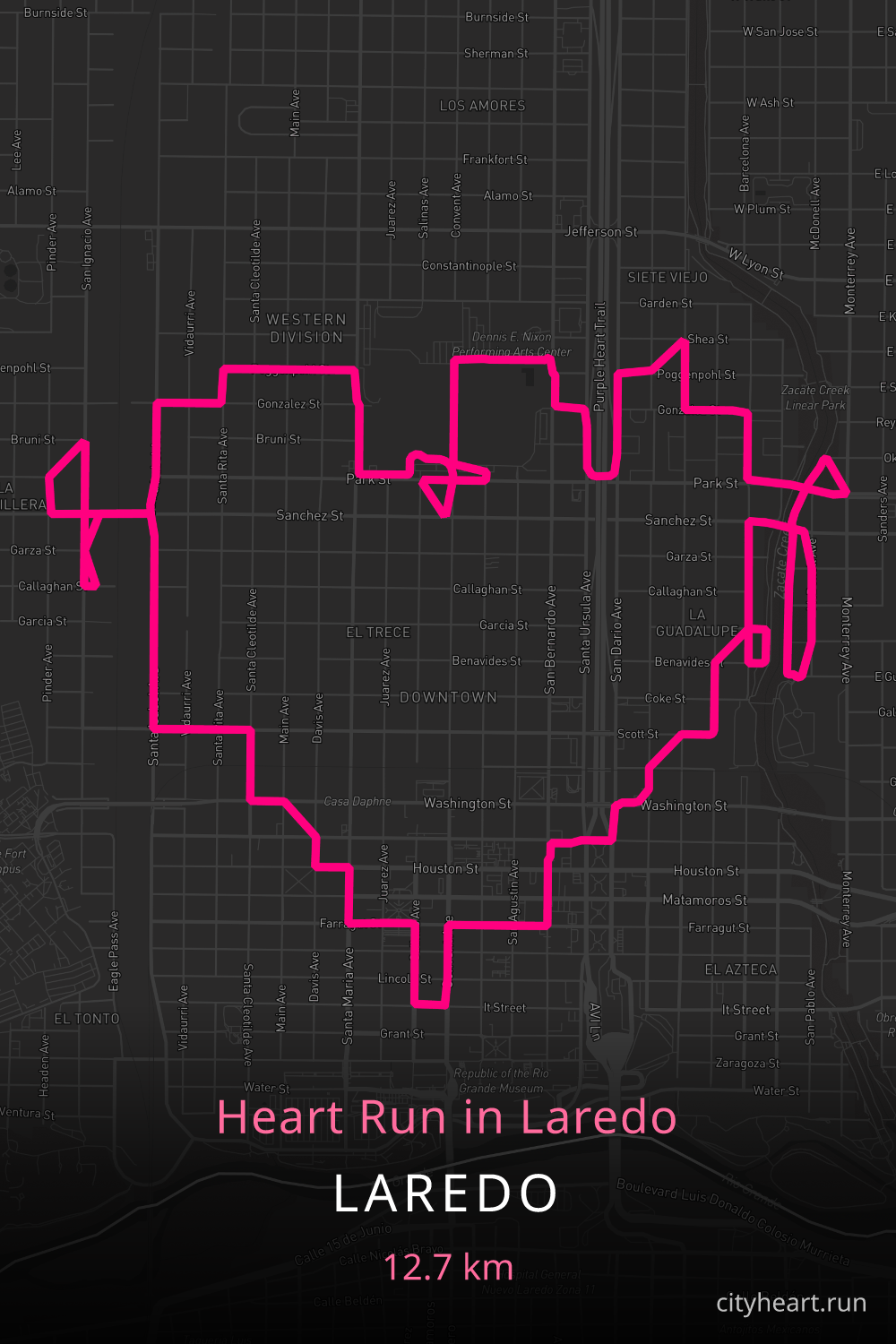 Heart-shaped running route in Laredo, 12.8 km — GPS art for Strava