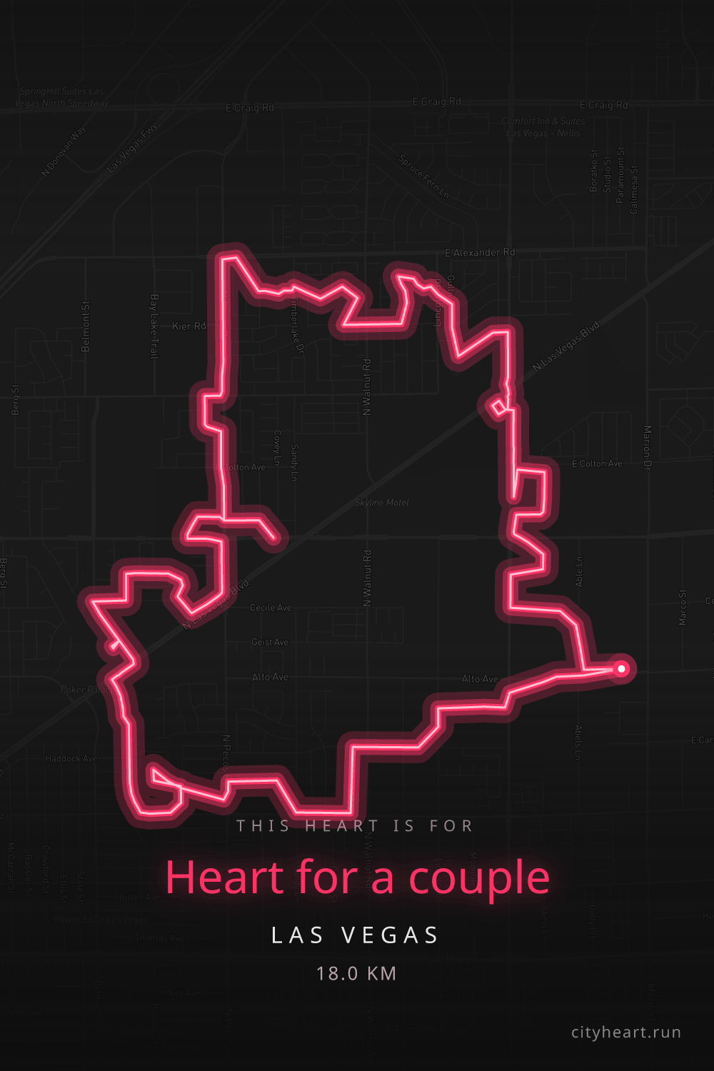 Heart-shaped running route in Las Vegas, 18.1 km — GPS art for Strava