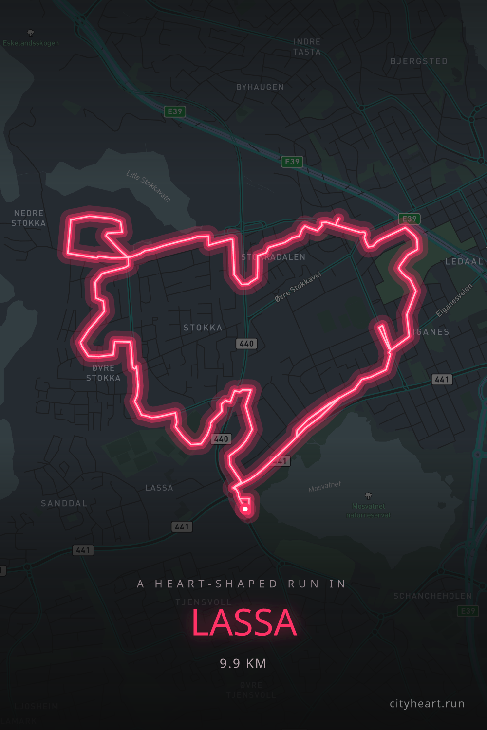 Heart-shaped running route in Lassa, 9.9 km — GPS art for Strava