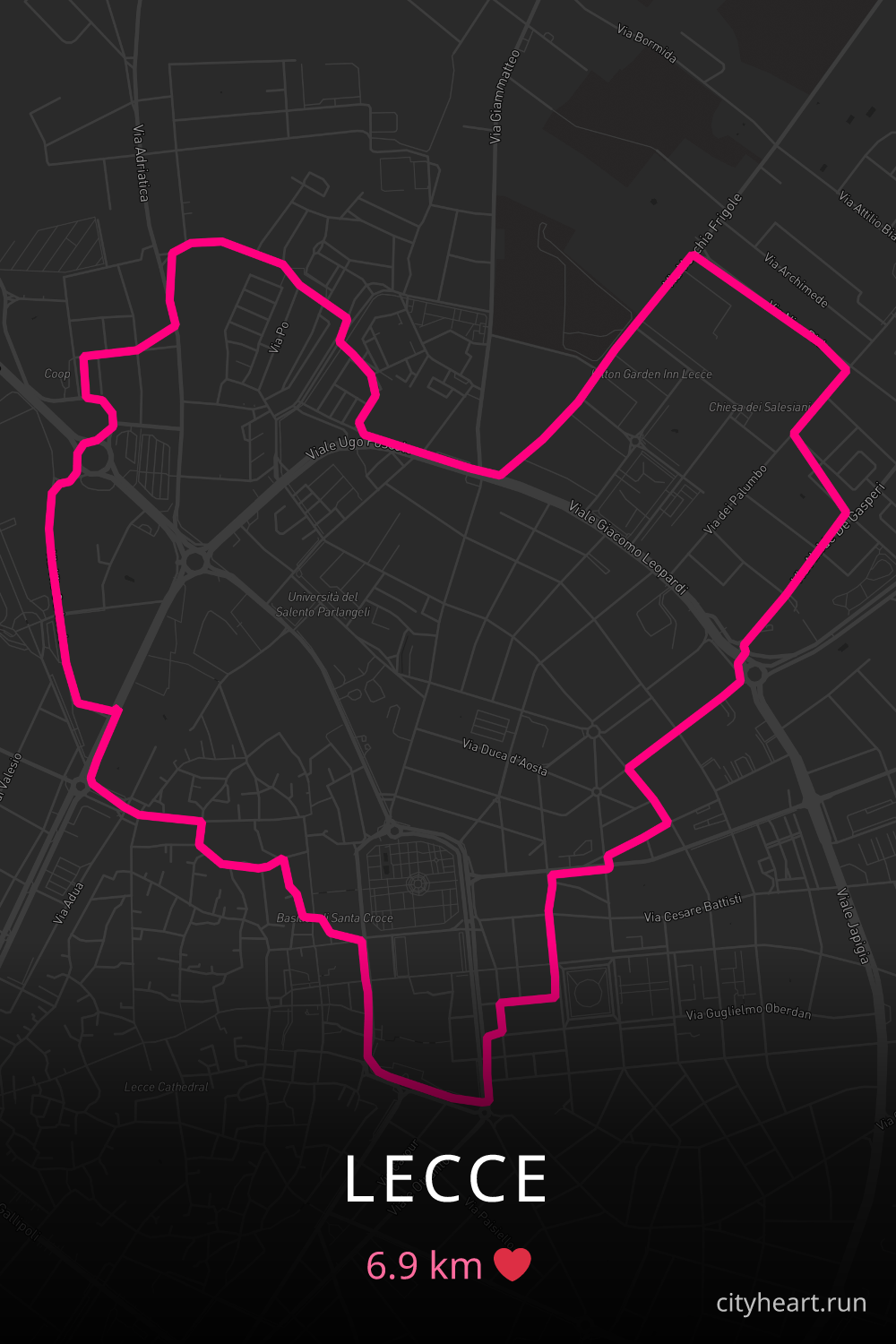 Heart-shaped running route in Lecce, 6.9 km — GPS art for Strava