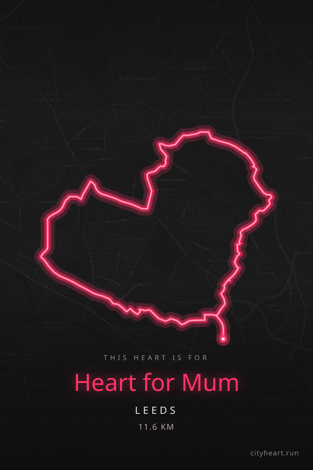 Heart-shaped running route in Leeds, 12.5 km — GPS art for Strava
