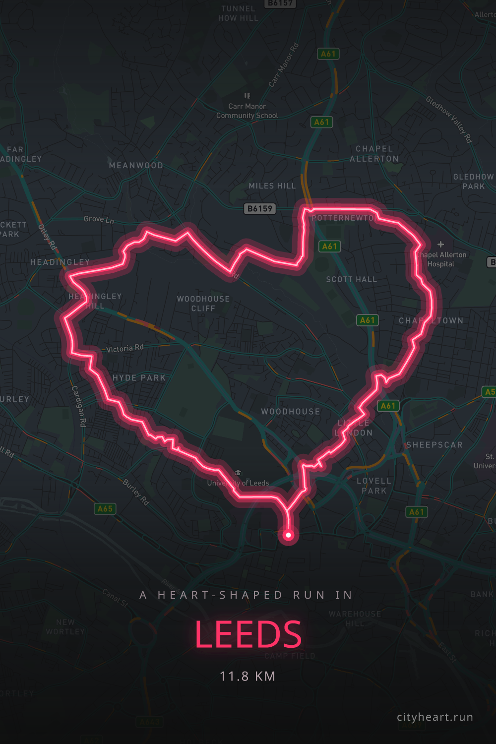 Heart-shaped running route in Leeds, 13.4 km — GPS art for Strava