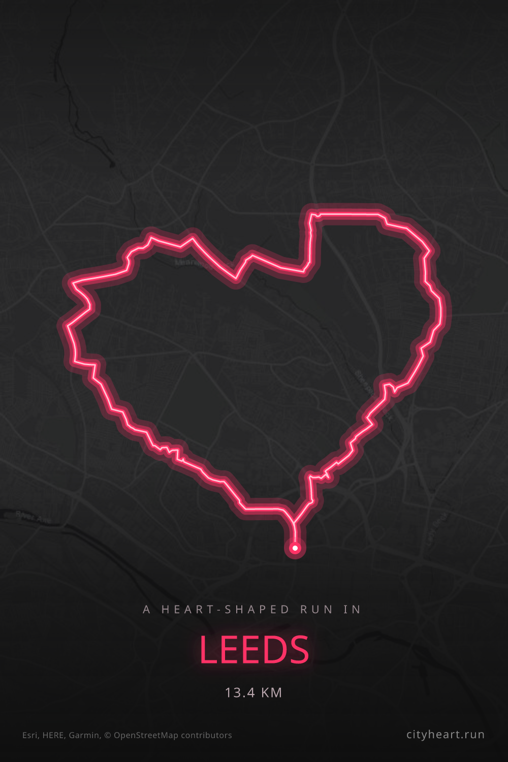 Heart-shaped running route in Leeds, 13.4 km — GPS art for Strava