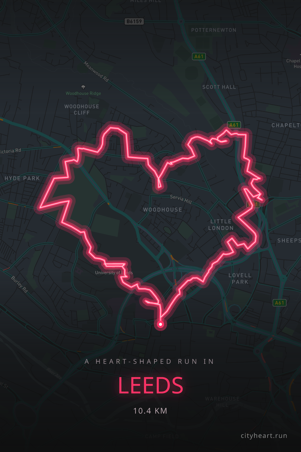 Heart-shaped running route in Leeds, 10.4 km — GPS art for Strava