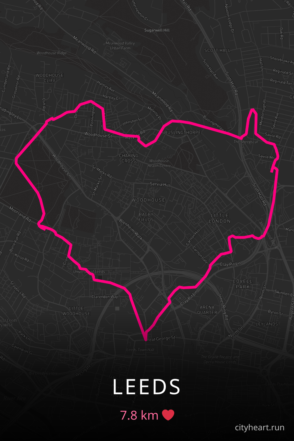 Heart-shaped running route in Leeds, 7.8 km — GPS art for Strava