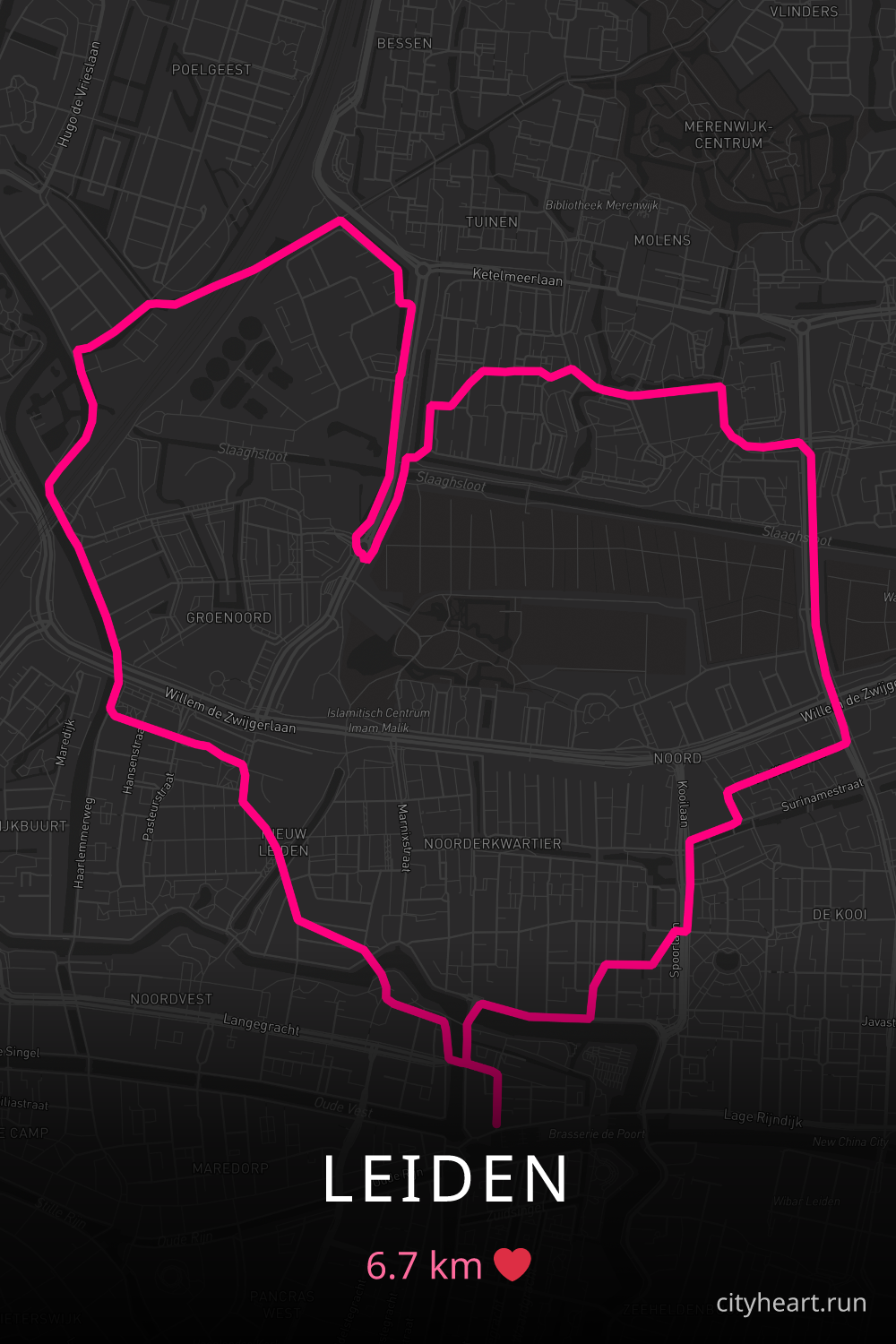 Heart-shaped running route in Leiden, 6.7 km — GPS art for Strava