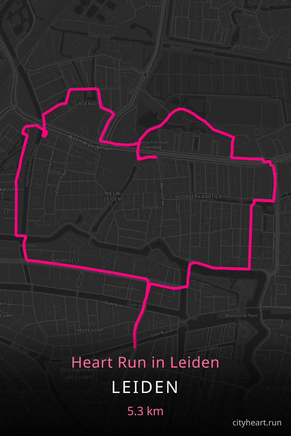 Heart-shaped running route in Leiden, 5.3 km — GPS art for Strava