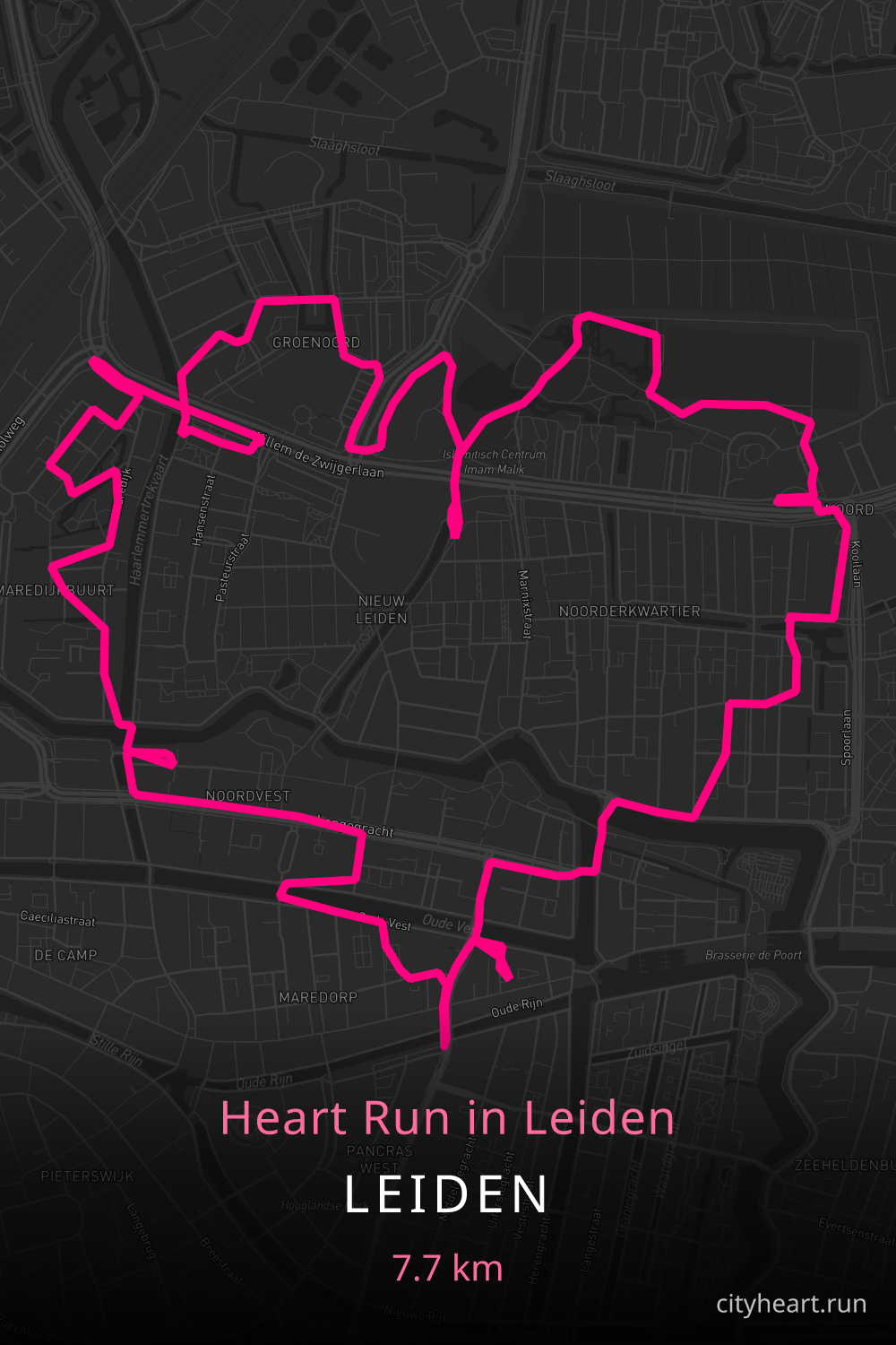 Heart-shaped running route in Leiden, 7.7 km — GPS art for Strava