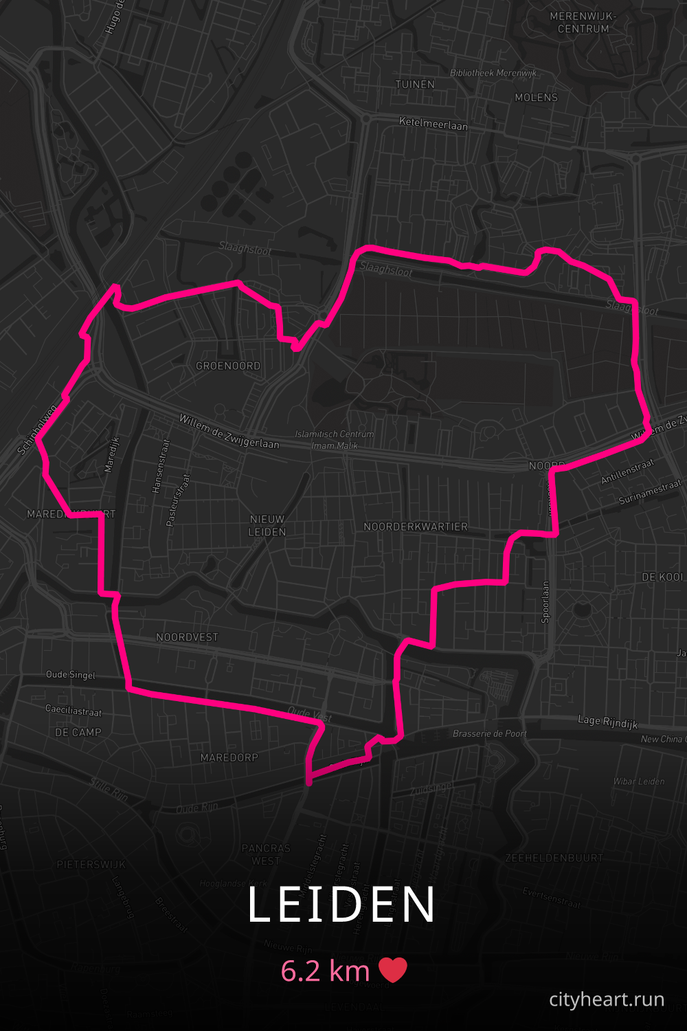 Heart-shaped running route in Leiden, 6.2 km — GPS art for Strava