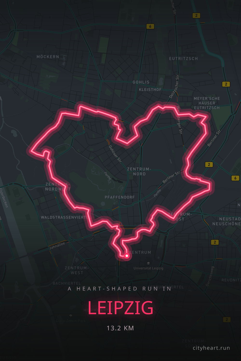 Heart-shaped running route in Leipzig, 15.4 km — GPS art for Strava
