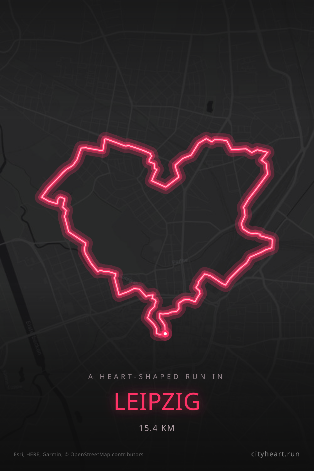 Heart-shaped running route in Leipzig, 15.4 km — GPS art for Strava