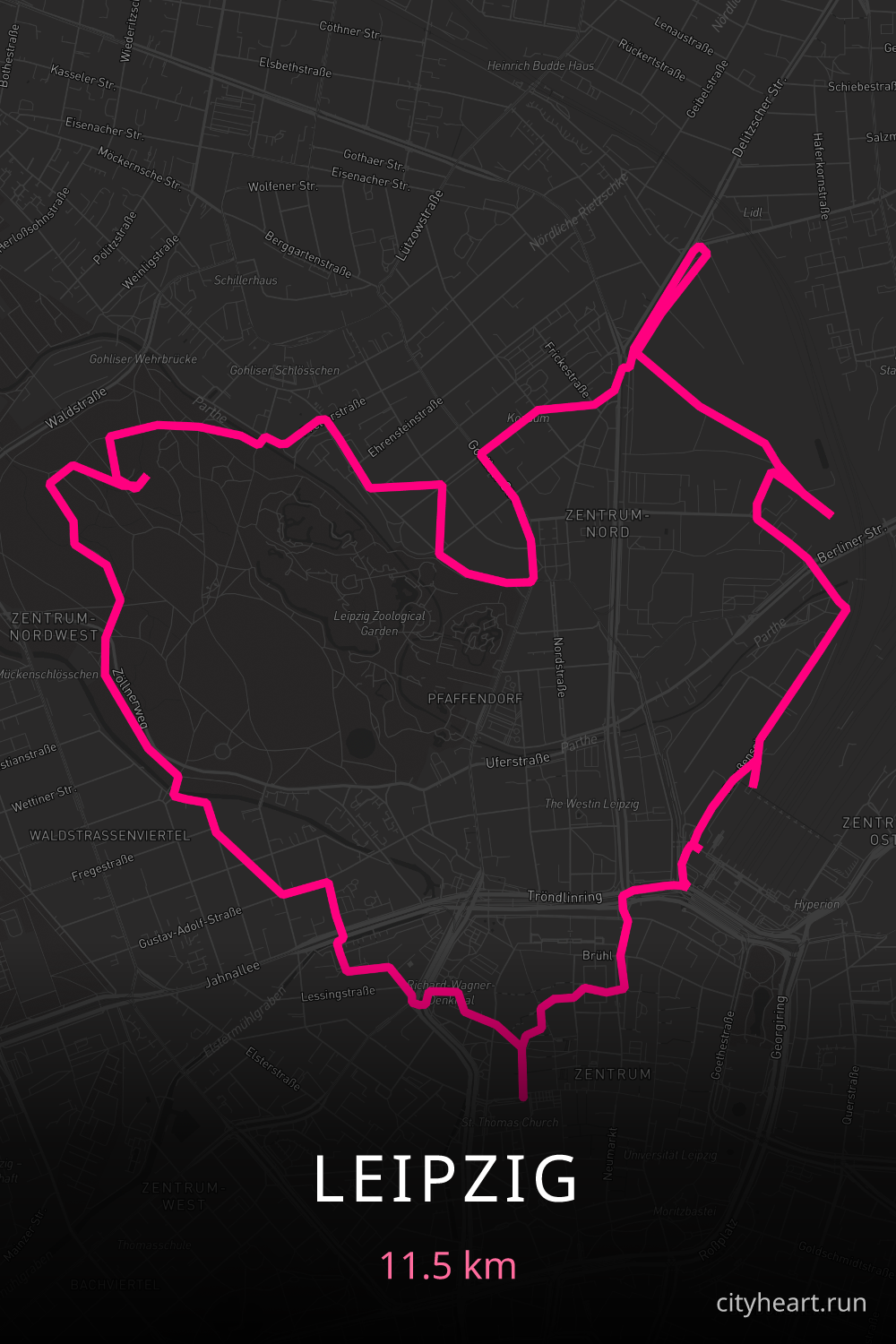 Heart-shaped running route in Leipzig, 11.5 km — GPS art for Strava