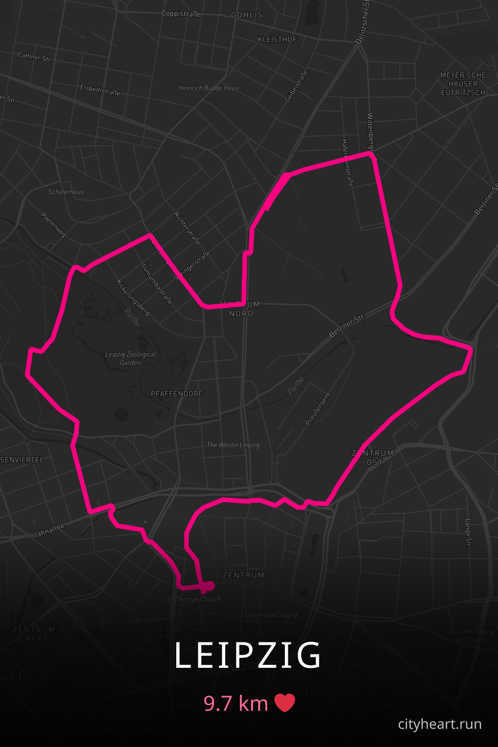 Heart-shaped running route in Leipzig, 9.7 km — GPS art for Strava