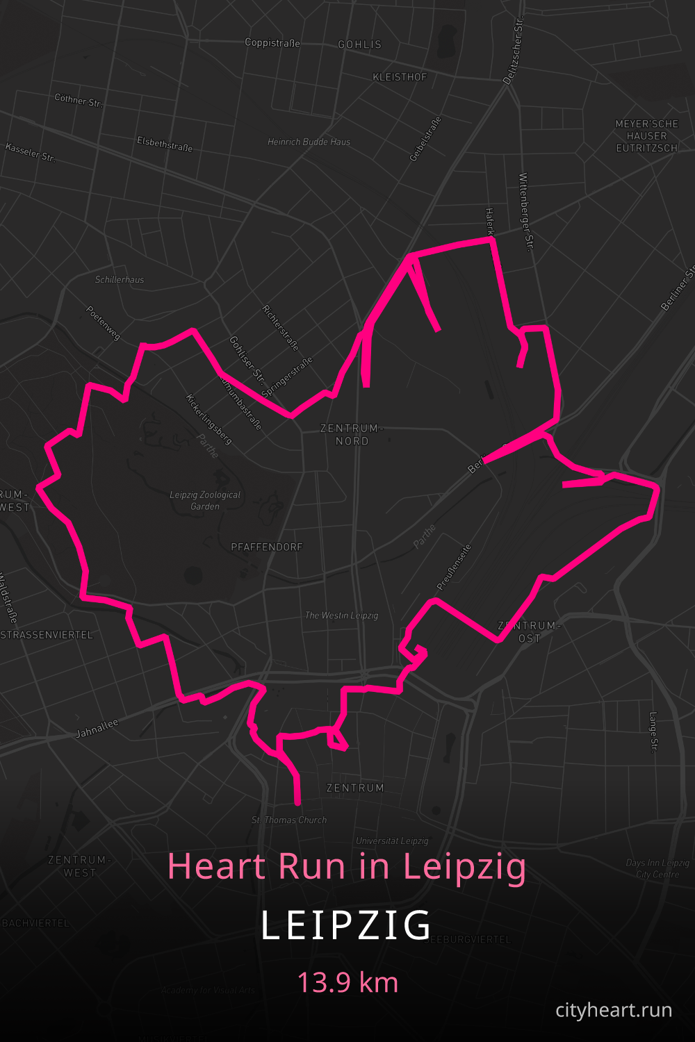 Heart-shaped running route in Leipzig, 14.7 km — GPS art for Strava