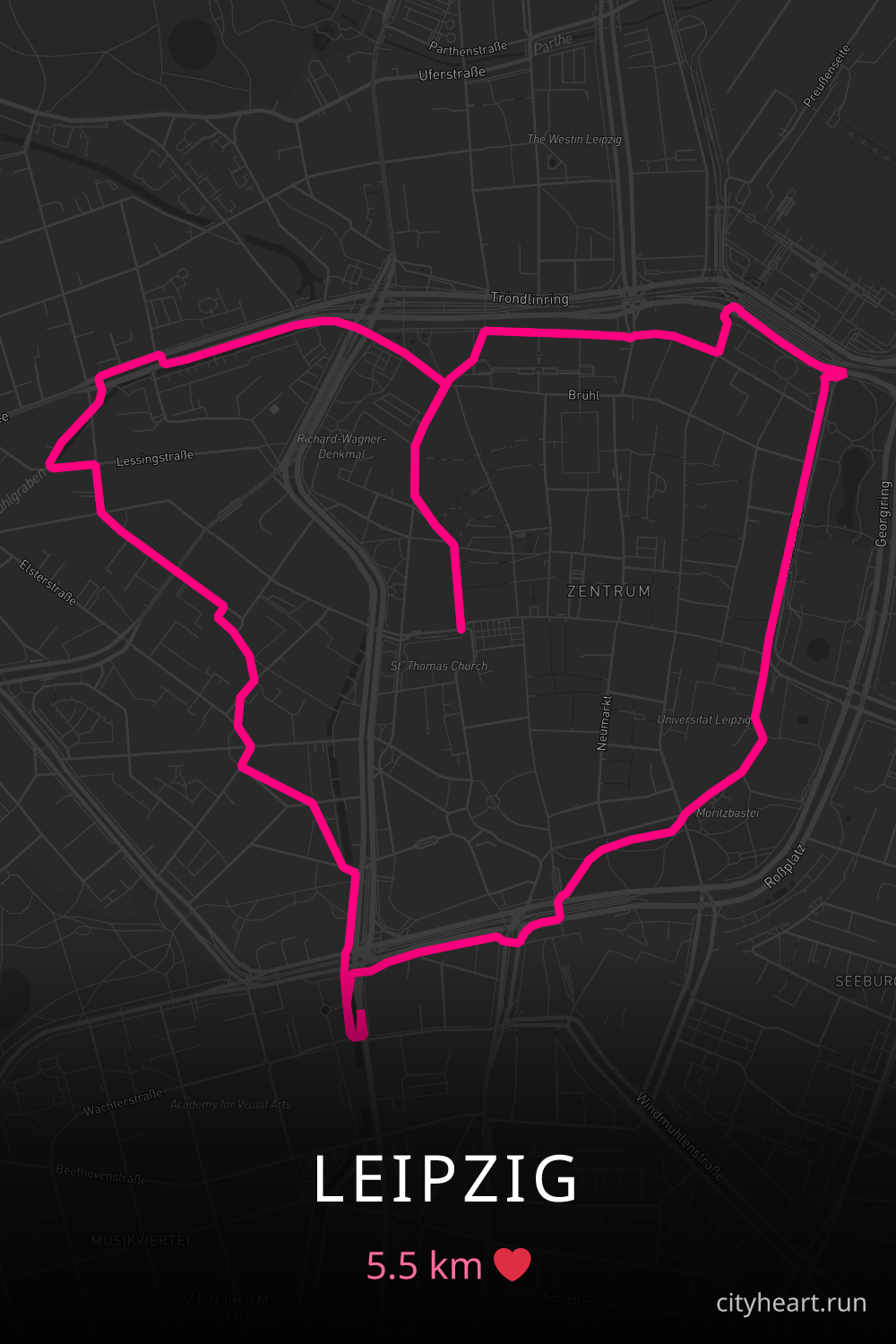 Heart-shaped running route in Leipzig, 5.5 km — GPS art for Strava