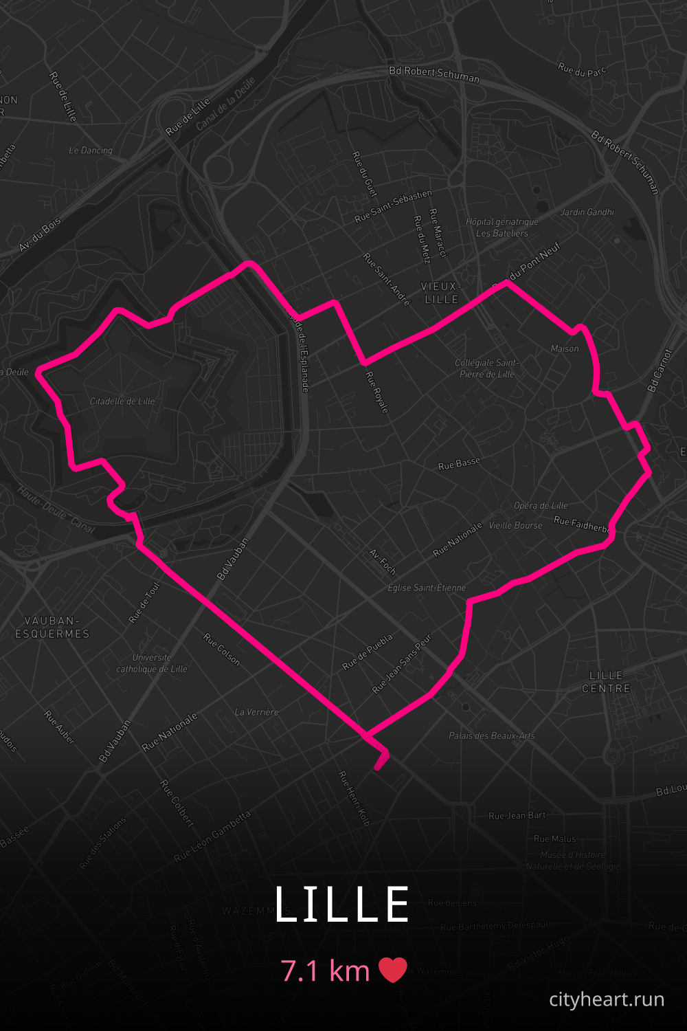 Heart-shaped running route in Lille, 7.1 km — GPS art for Strava