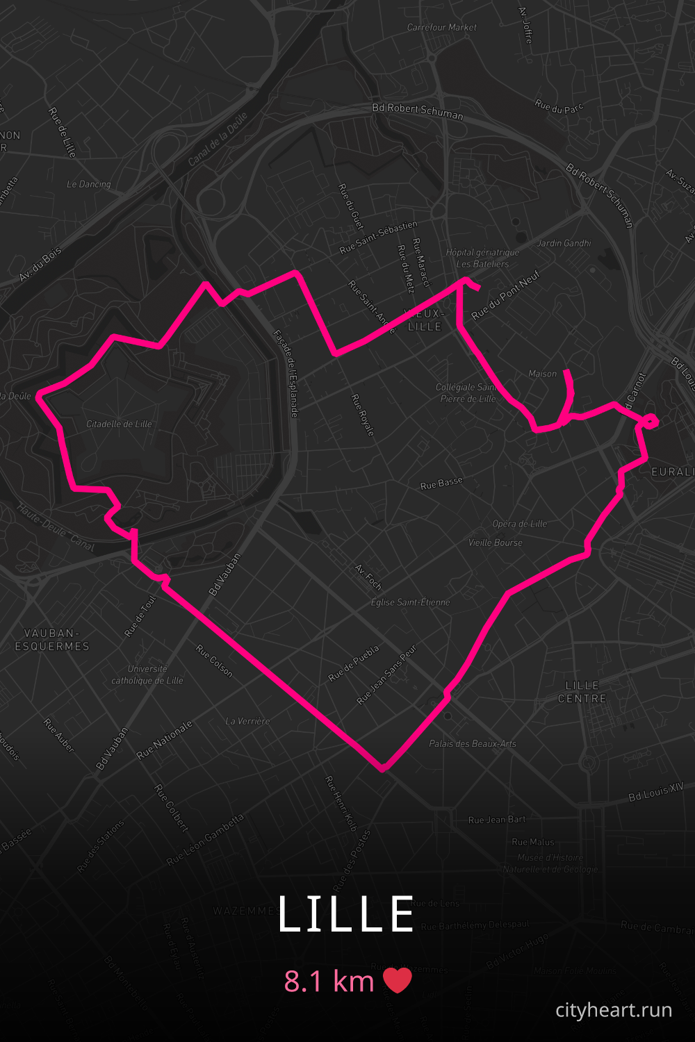 Heart-shaped running route in Lille, 8.1 km — GPS art for Strava