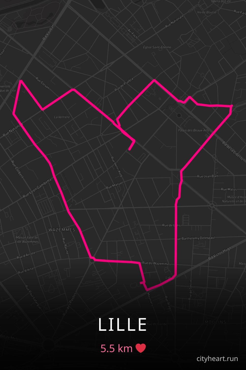 Heart-shaped running route in Lille, 5.5 km — GPS art for Strava