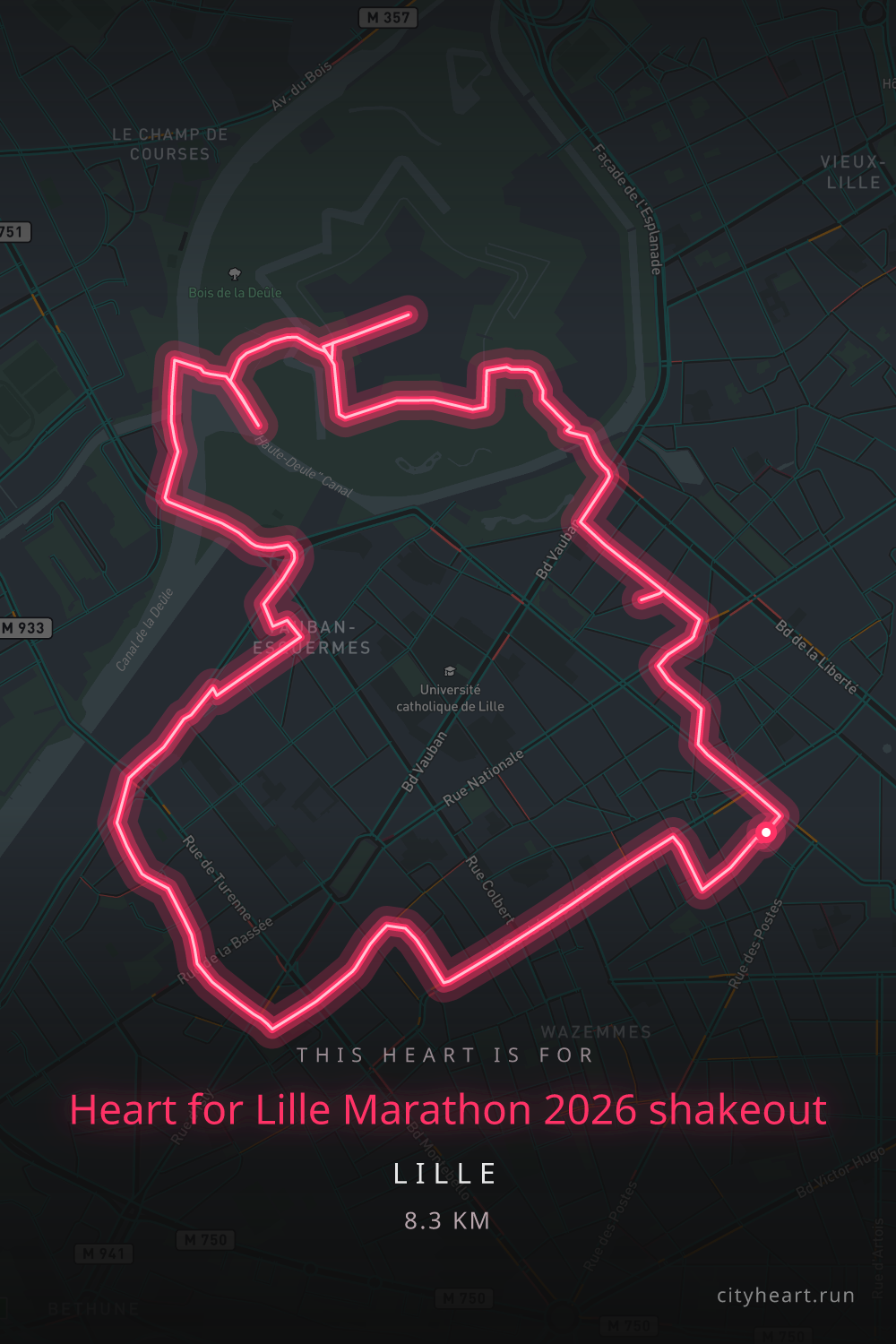 Heart-shaped running route in Lille, 9.7 km — GPS art for Strava