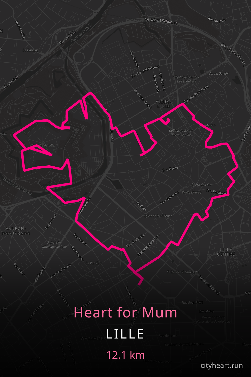 Heart-shaped running route in Lille, 12.1 km — GPS art for Strava