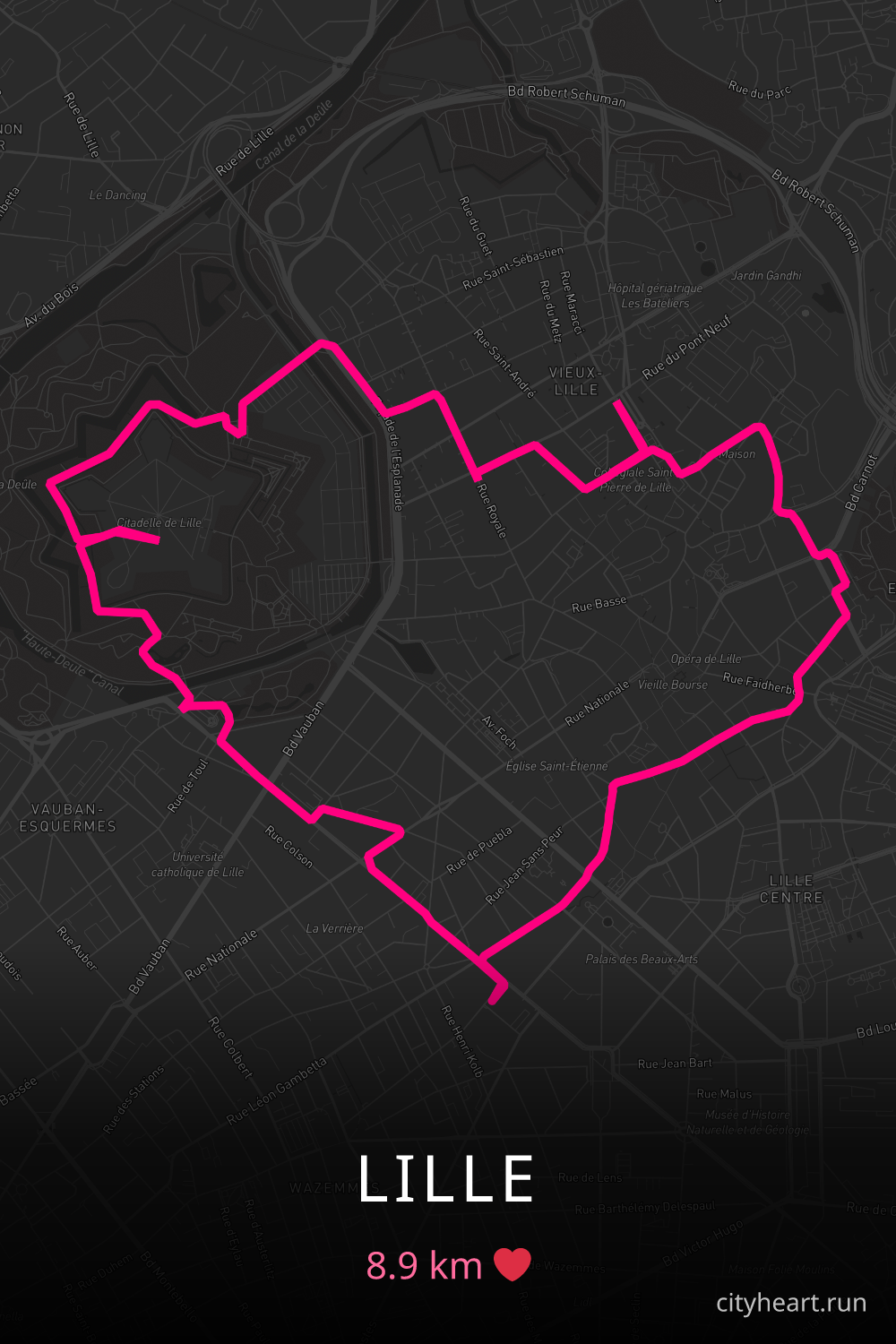 Heart-shaped running route in Lille, 8.9 km — GPS art for Strava