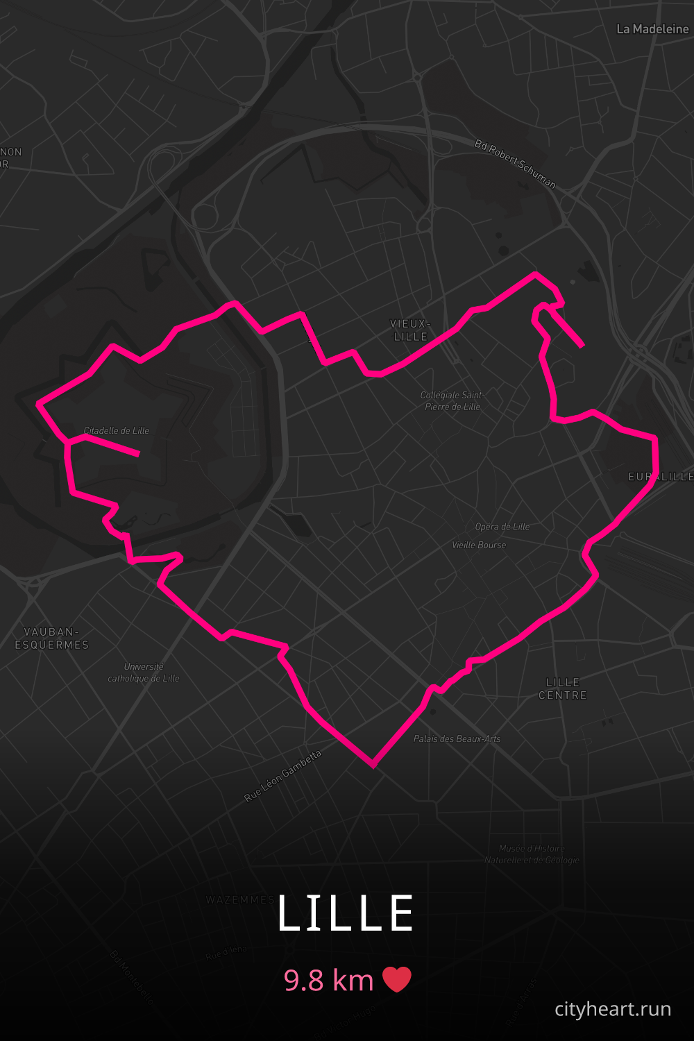 Heart-shaped running route in Lille, 9.8 km — GPS art for Strava