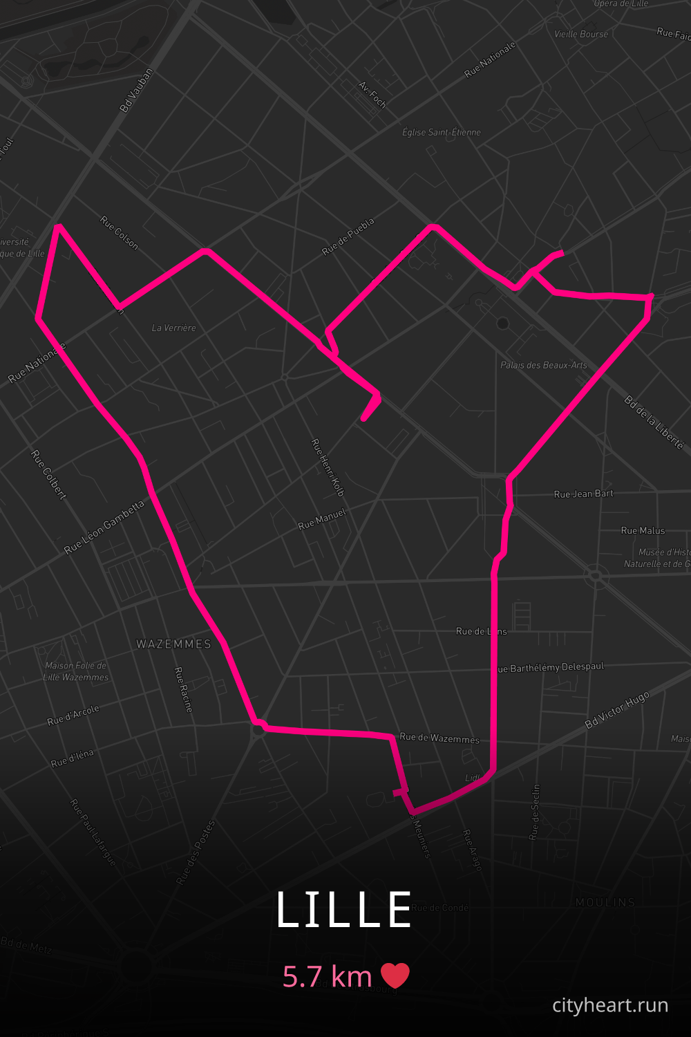 Heart-shaped running route in Lille, 5.7 km — GPS art for Strava