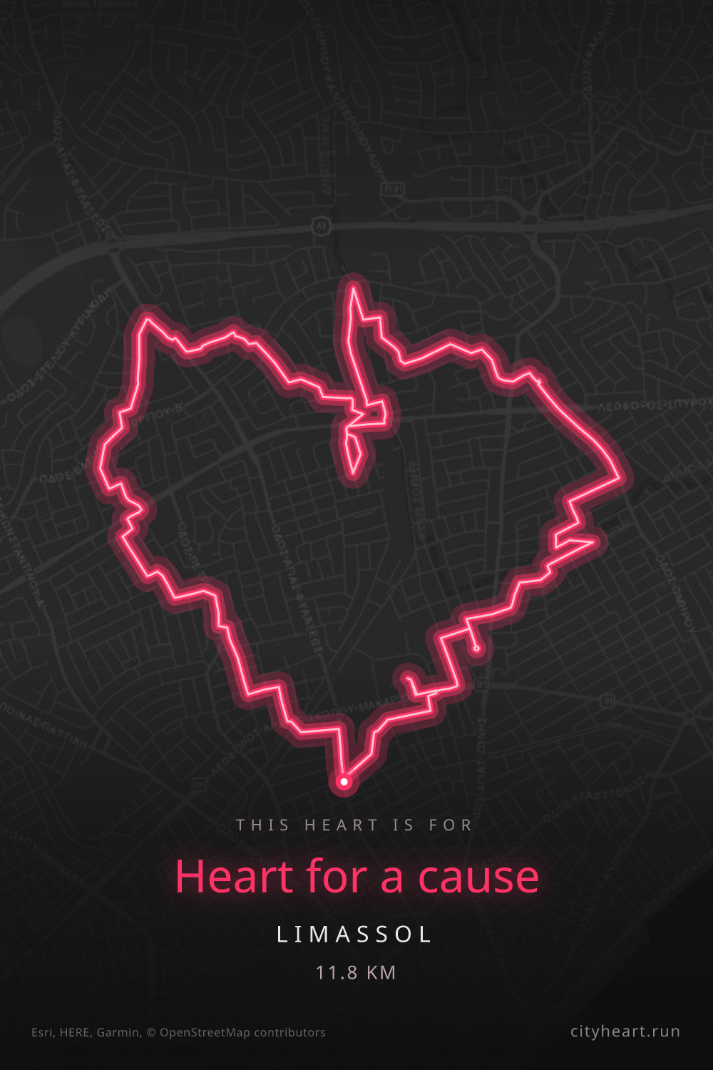 Heart-shaped running route in Limassol, 11.8 km — GPS art for Strava