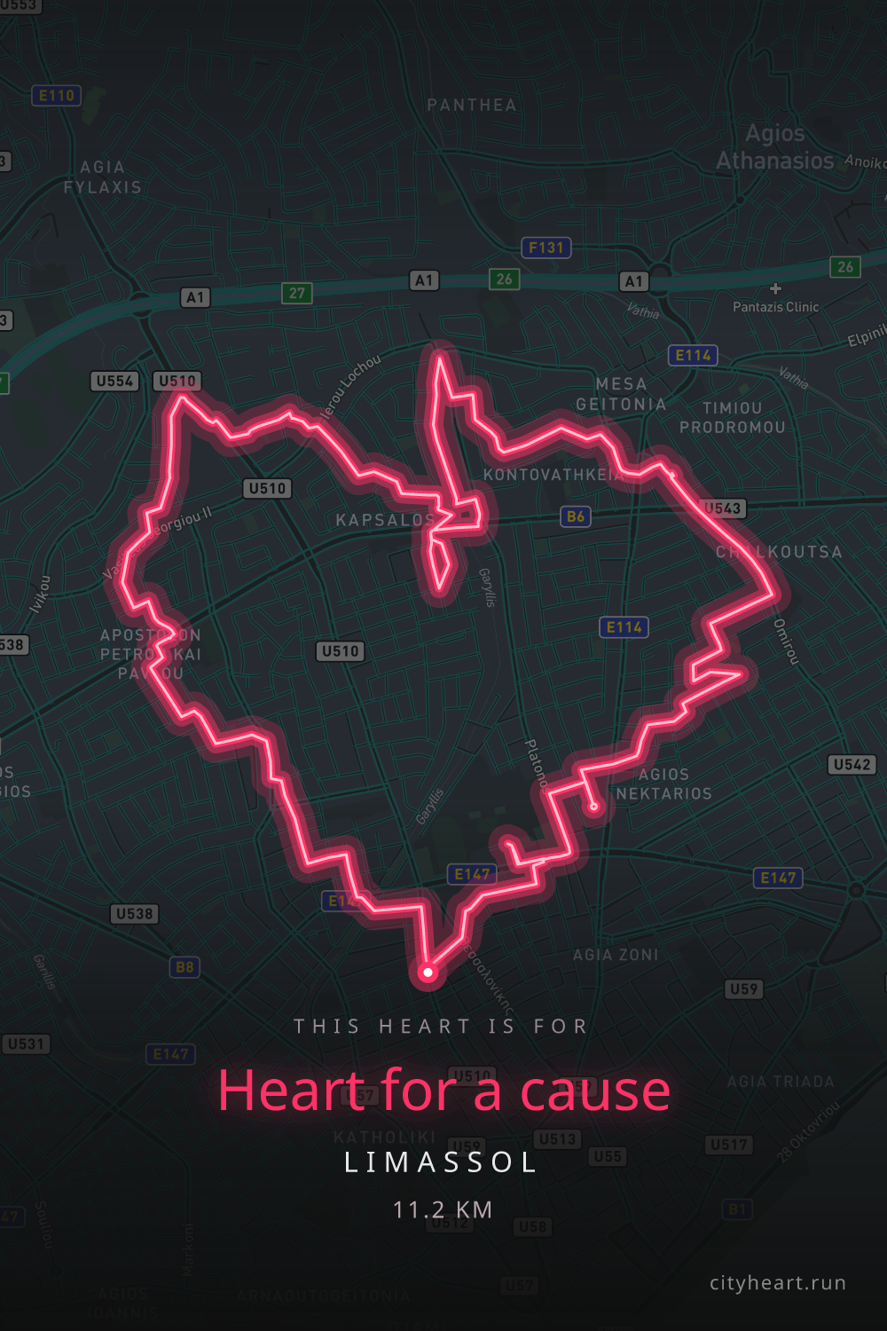 Heart-shaped running route in Limassol, 11.8 km — GPS art for Strava