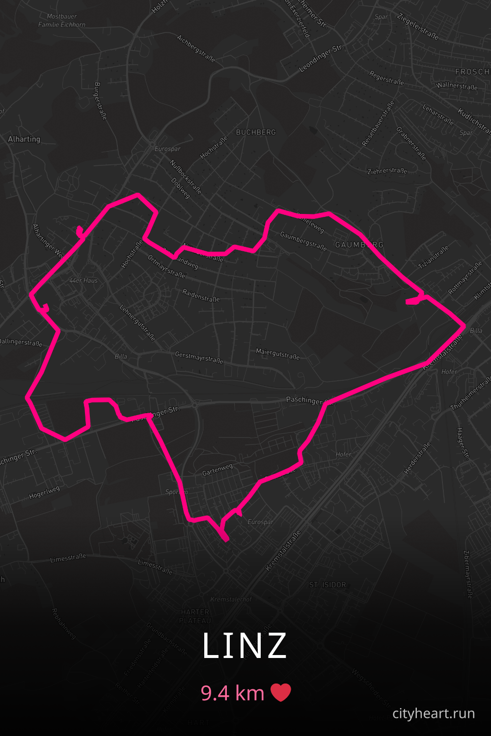 Heart-shaped running route in Linz, 9.4 km — GPS art for Strava