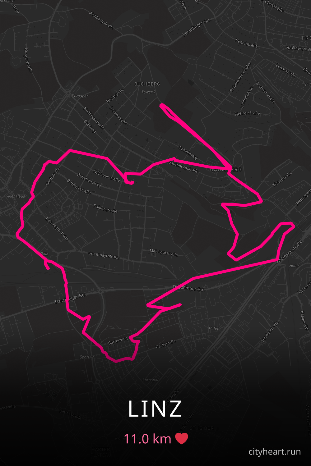 Heart-shaped running route in Linz, 11.0 km — GPS art for Strava