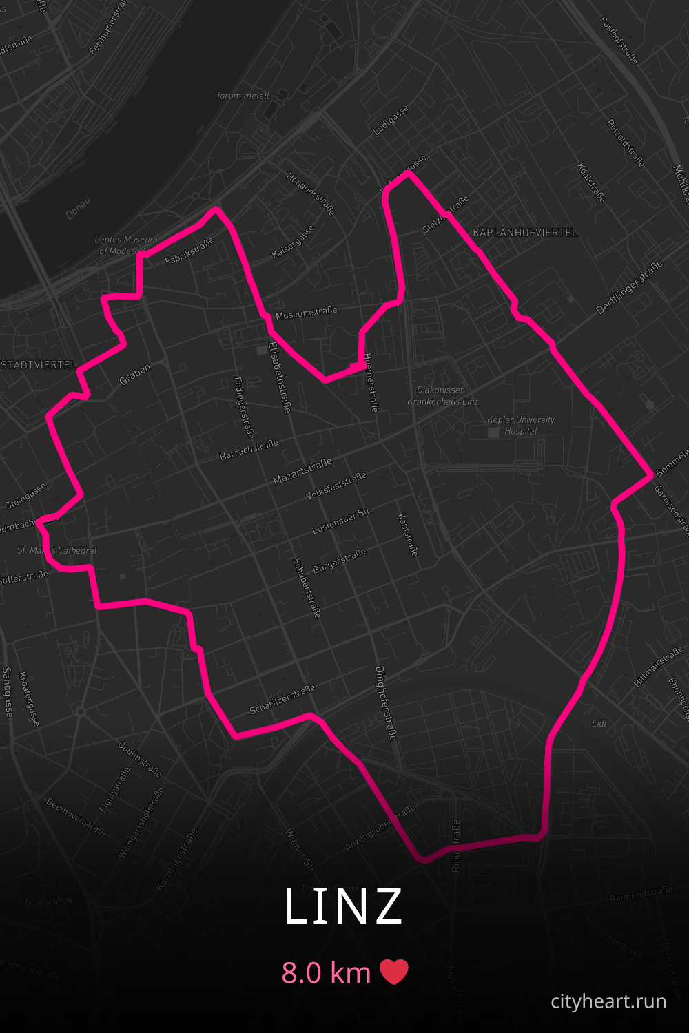 Heart-shaped running route in Linz, 8.0 km — GPS art for Strava