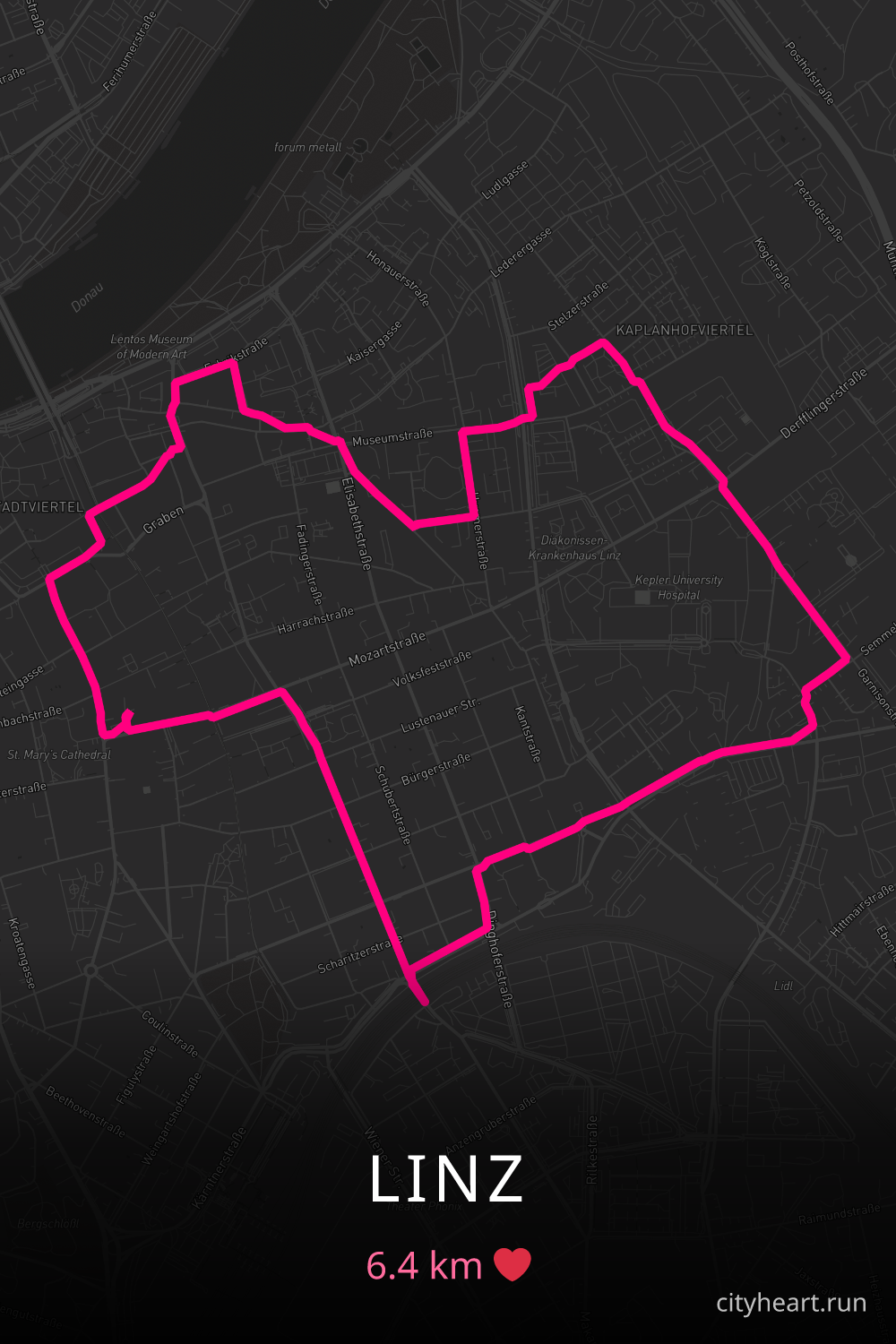 Heart-shaped running route in Linz, 6.4 km — GPS art for Strava