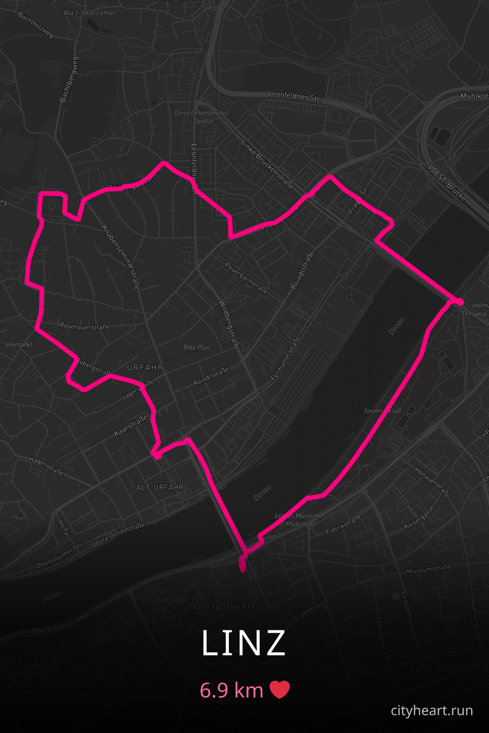 Heart-shaped running route in Linz, 6.9 km — GPS art for Strava