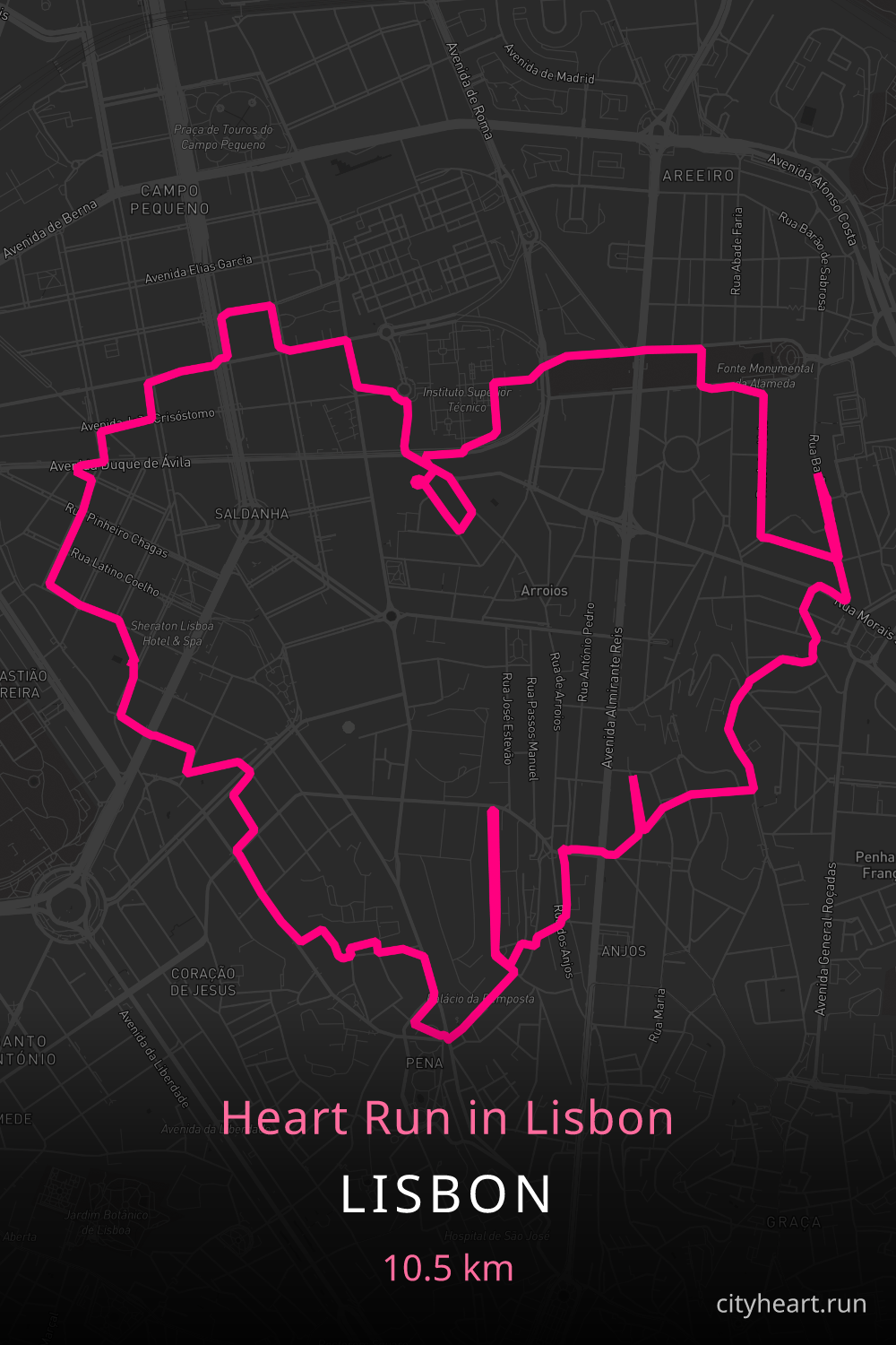 Heart-shaped running route in Lisbon, 11.3 km — GPS art for Strava