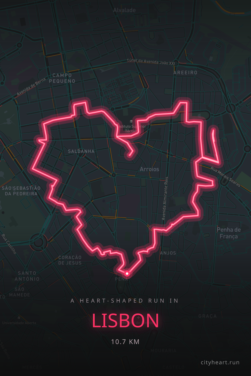 Heart-shaped running route in Lisbon, 11.4 km — GPS art for Strava