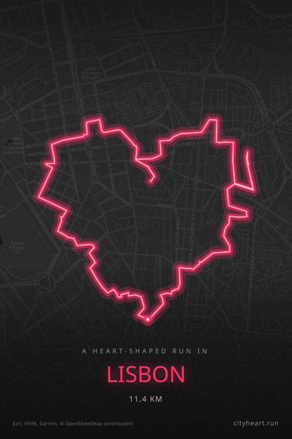 Heart-shaped running route in Lisbon, 11.4 km — GPS art for Strava