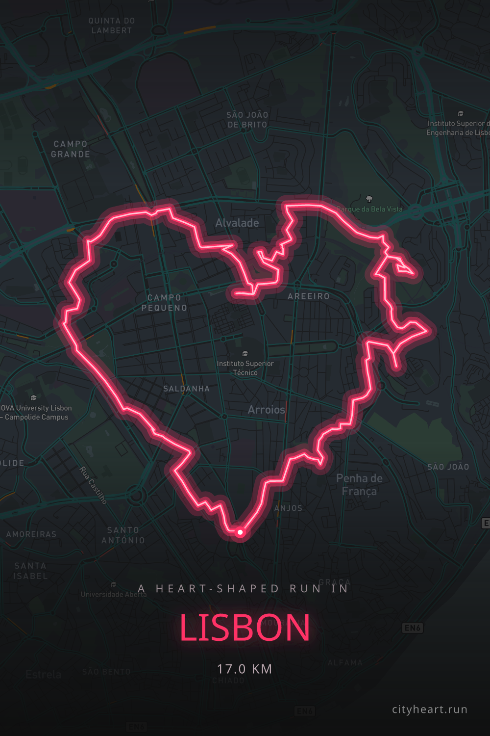 Heart-shaped running route in Lisbon, 17.9 km — GPS art for Strava