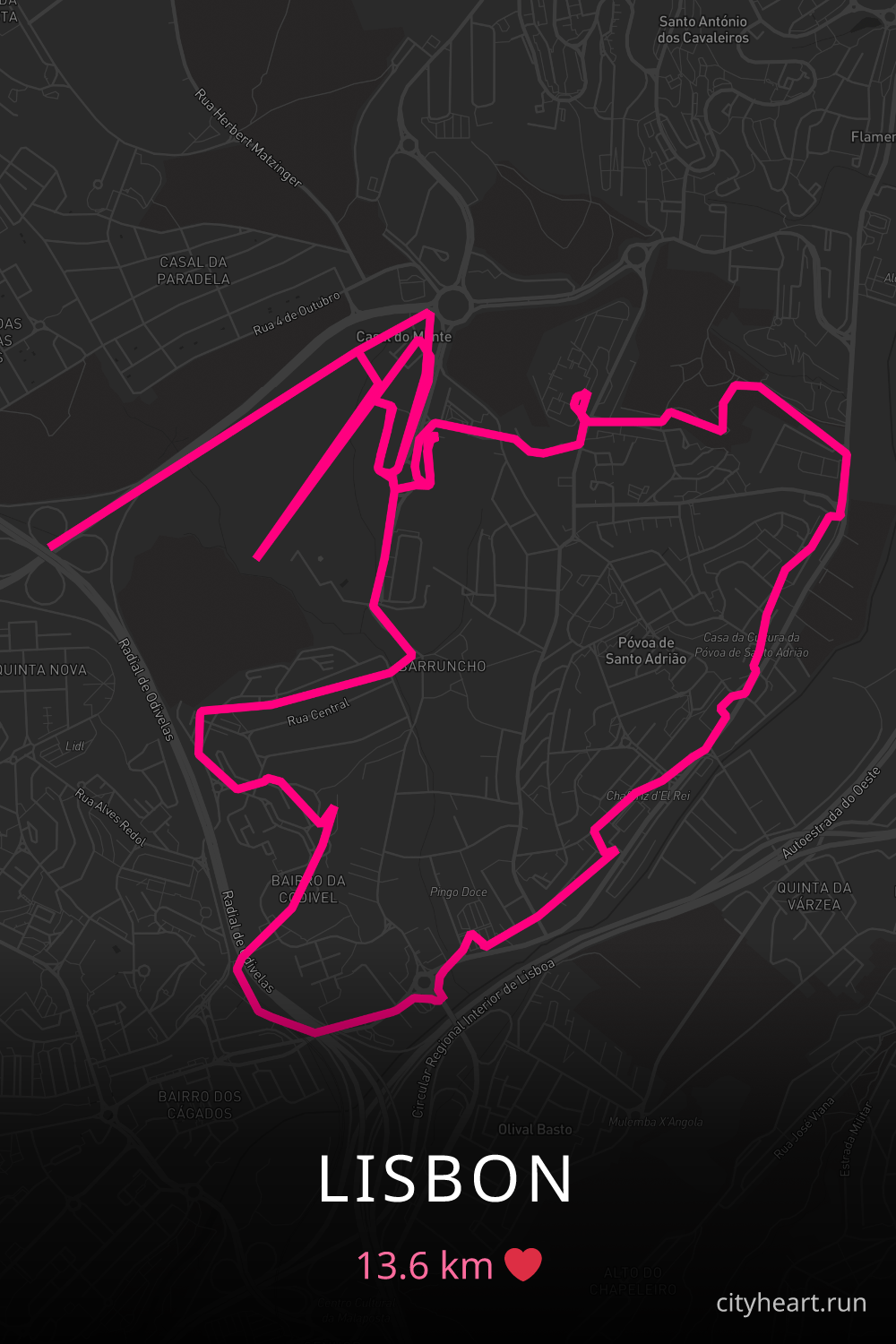 Heart-shaped running route in Lisbon, 13.6 km — GPS art for Strava
