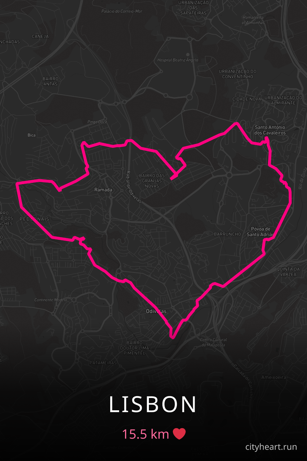 Heart-shaped running route in Lisbon, 15.5 km — GPS art for Strava