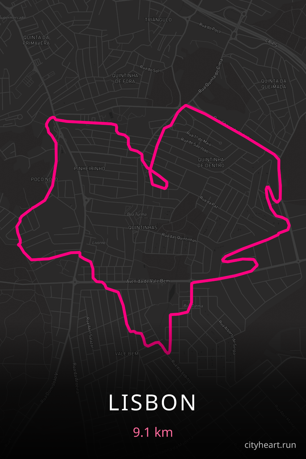 Heart-shaped running route in Lisbon, 9.1 km — GPS art for Strava