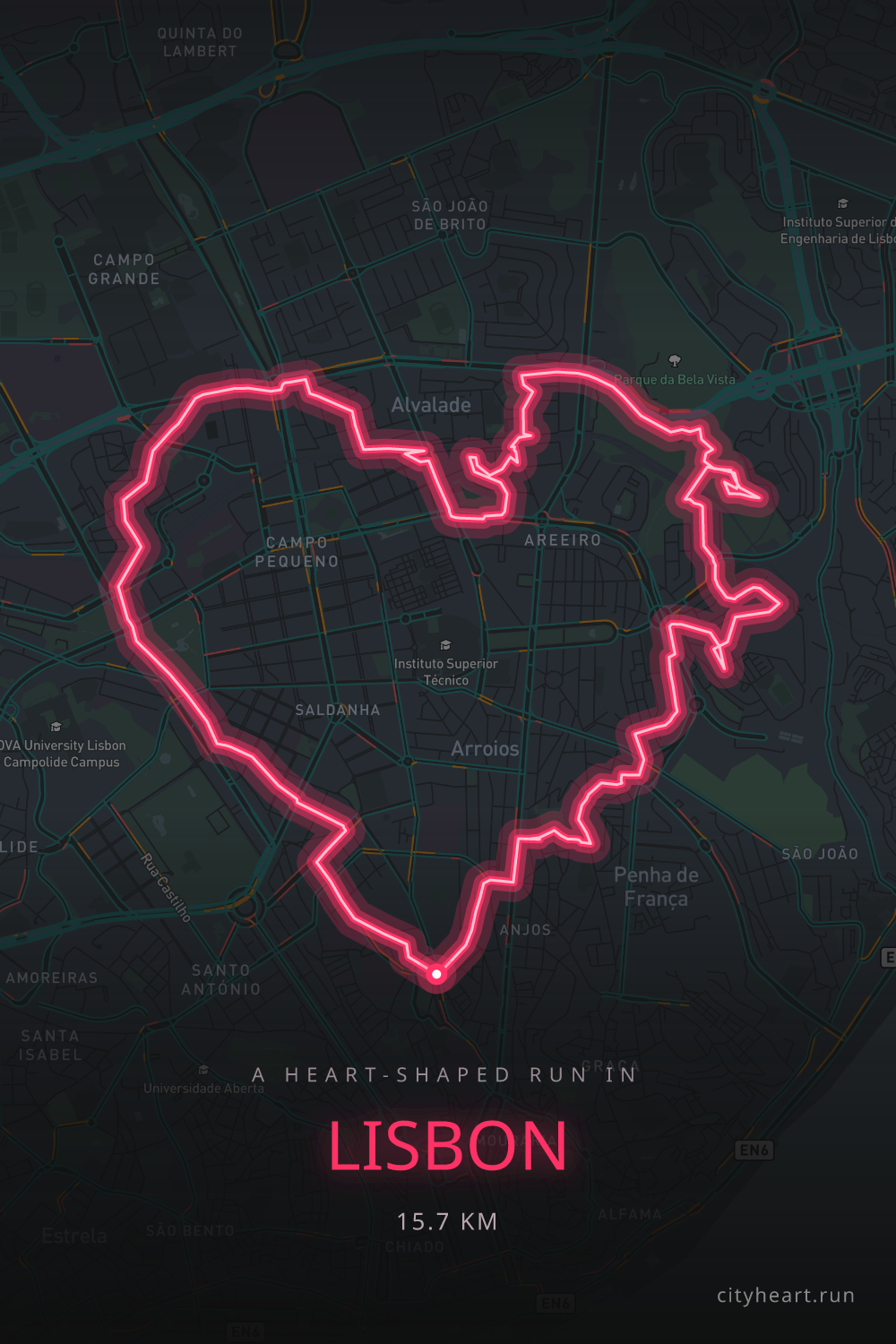 Heart-shaped running route in Lisbon, 15.7 km — GPS art for Strava