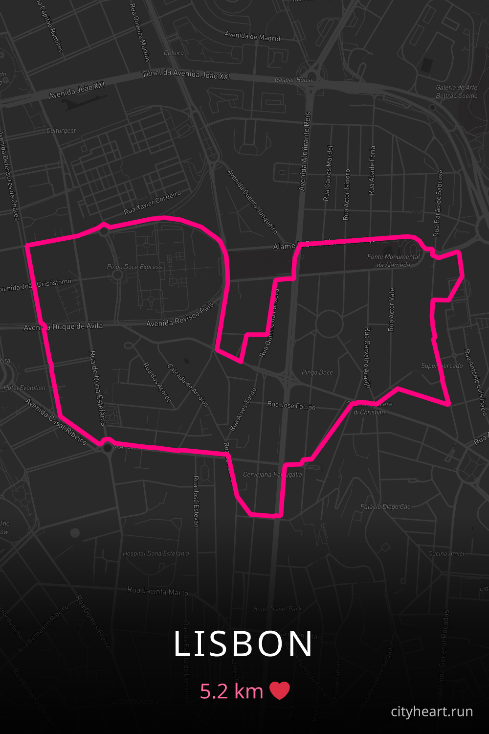 Heart-shaped running route in Lisbon, 5.2 km — GPS art for Strava